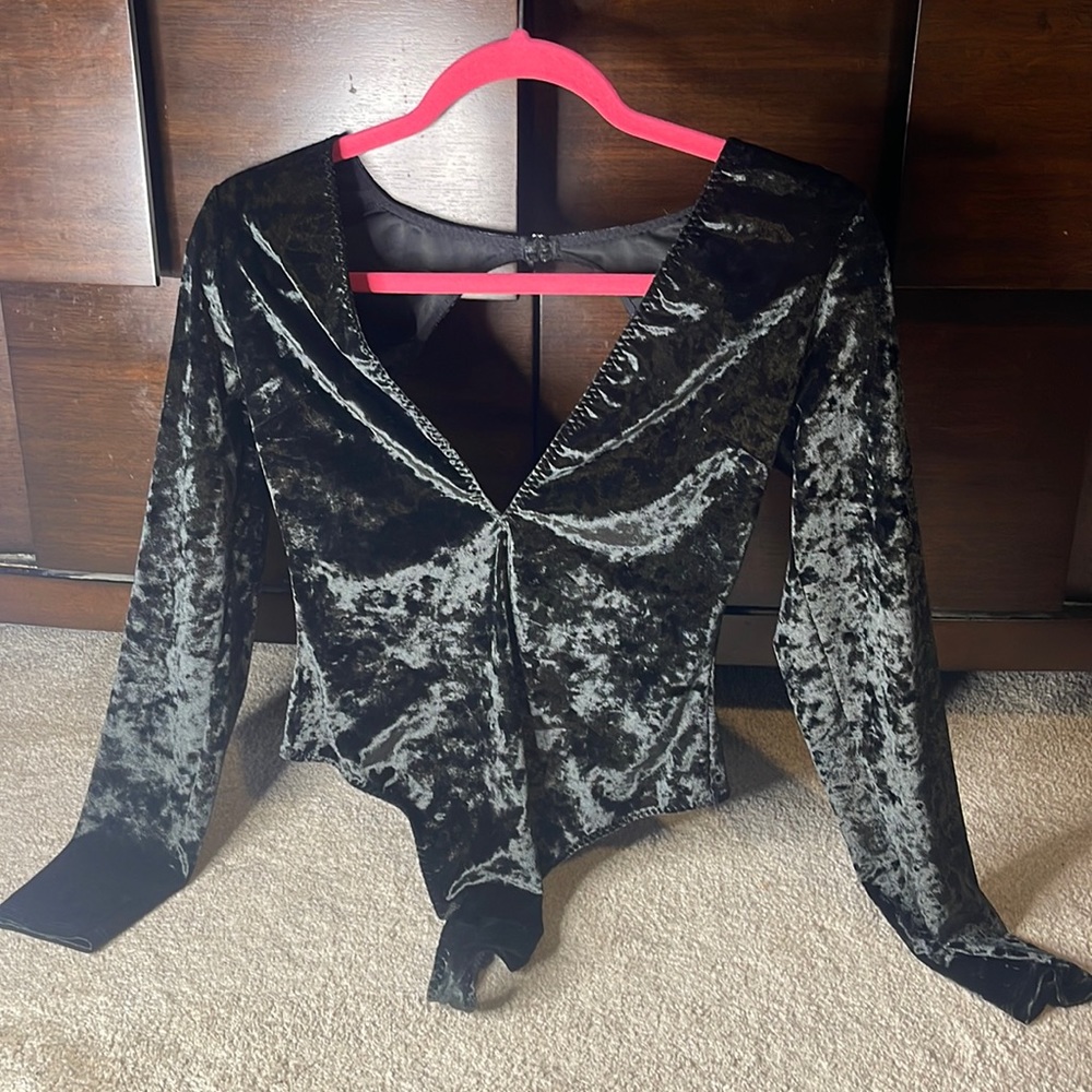 Black Velvet long sleeve body suit with a semi open back